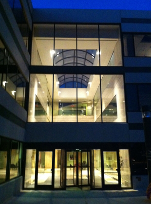 Exterior of 1300 W Higgins at night time