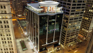 Aerial view of the National Association of Realtors building at nighttime