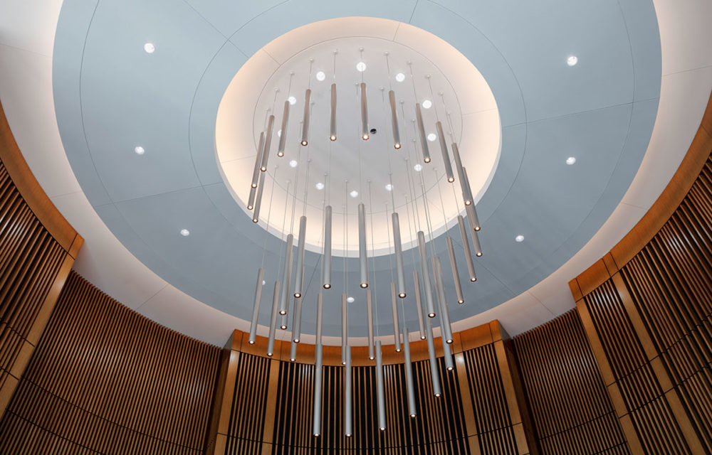 Cieling light fixture in the new rooftop board room of 430 N Michagn