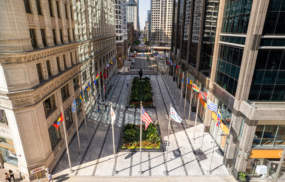 Aerial view of the Plaza of the Americas on Michigan Avenue