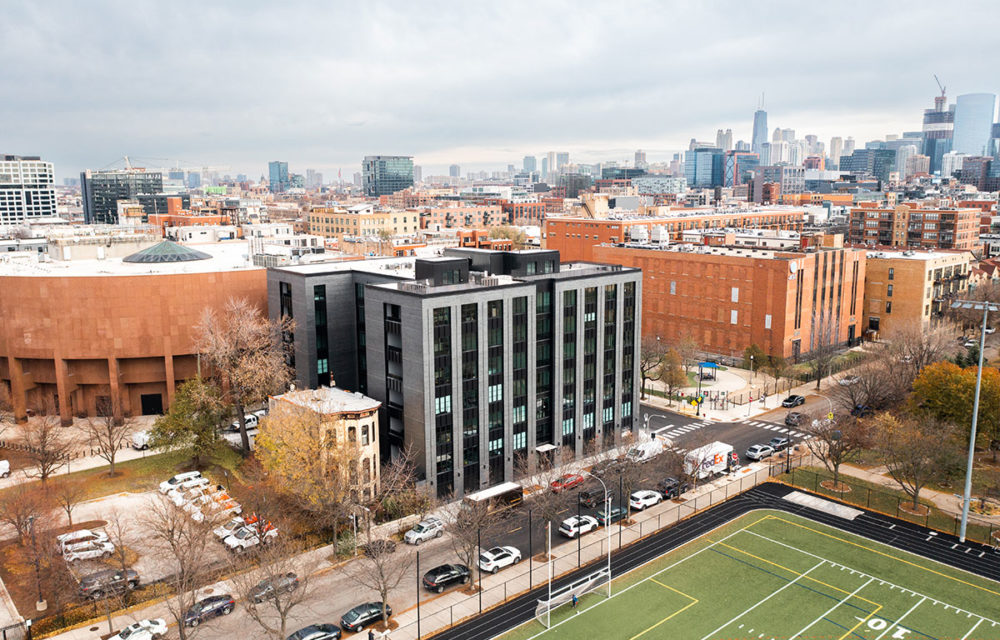 Aerial view of 1400 Wet Monroe condo building