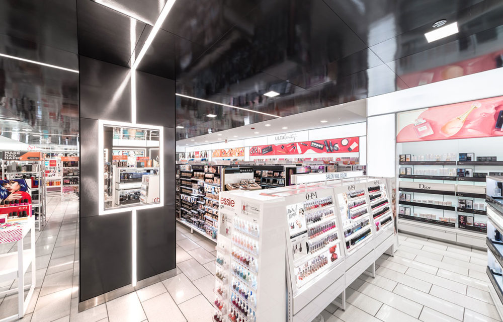 Product displays inside the Ulta Beauty store