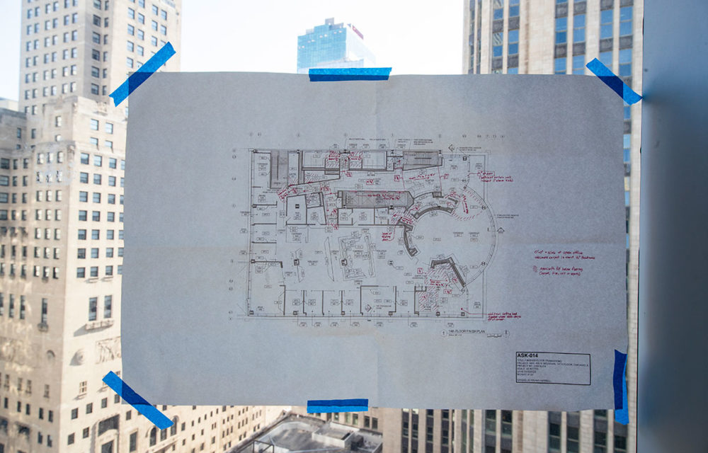 Blueprints of the rooftop board room at 430 N Michigan