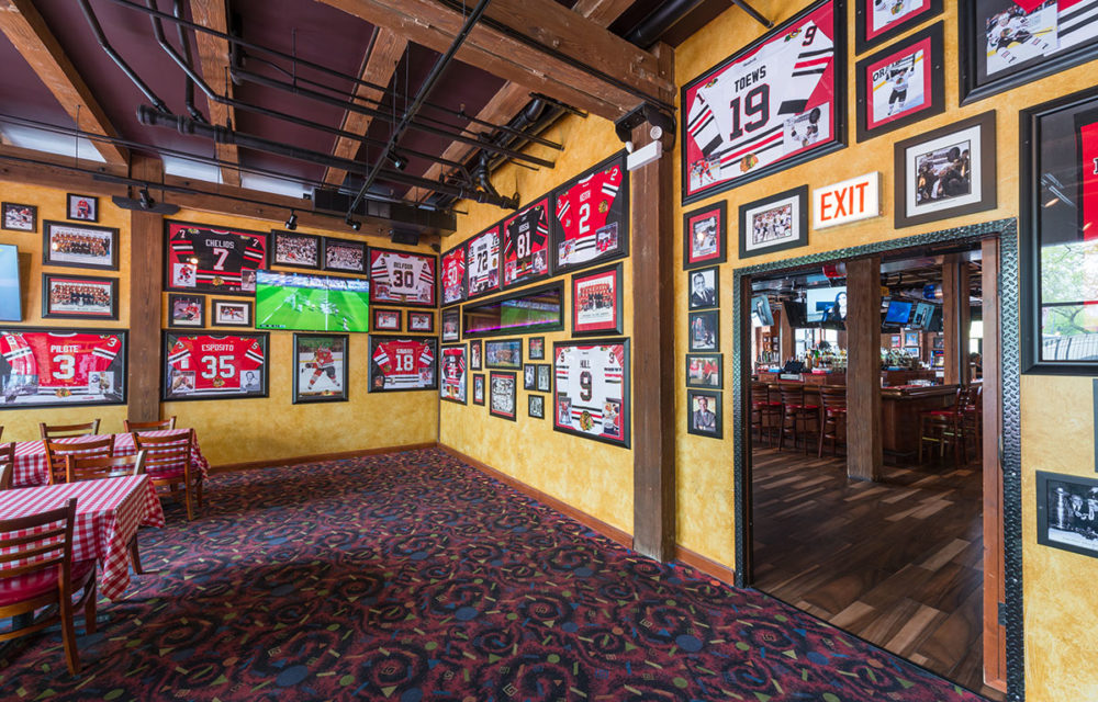 Walls of Chicago sports memorabilia at Pizano's Restaurant