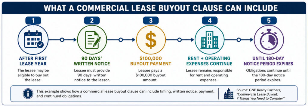 Infographic details commercial lease buyout: timing, notice, payment, ongoing expenses, and lease conditions explained.
