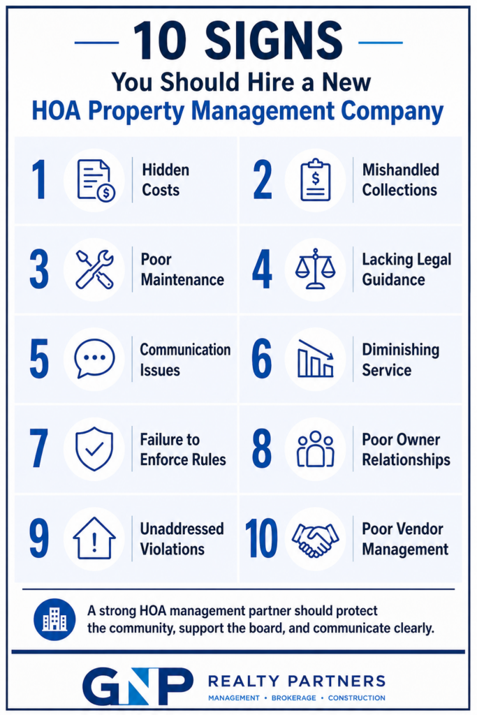 Infographic showing 10 warning signs it may be time to hire a new HOA property management company.