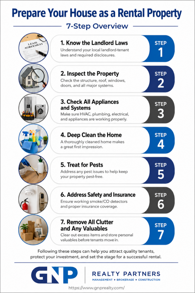 Infographic outlining seven steps to prepare a house for renters, from legal and property checks to cleaning, safety, and decluttering.