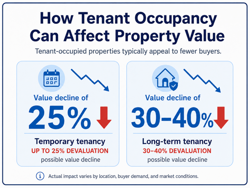Infographic showing possible property devaluation of up to 25% for temporary tenancy and 30–40% for long-term tenancy.